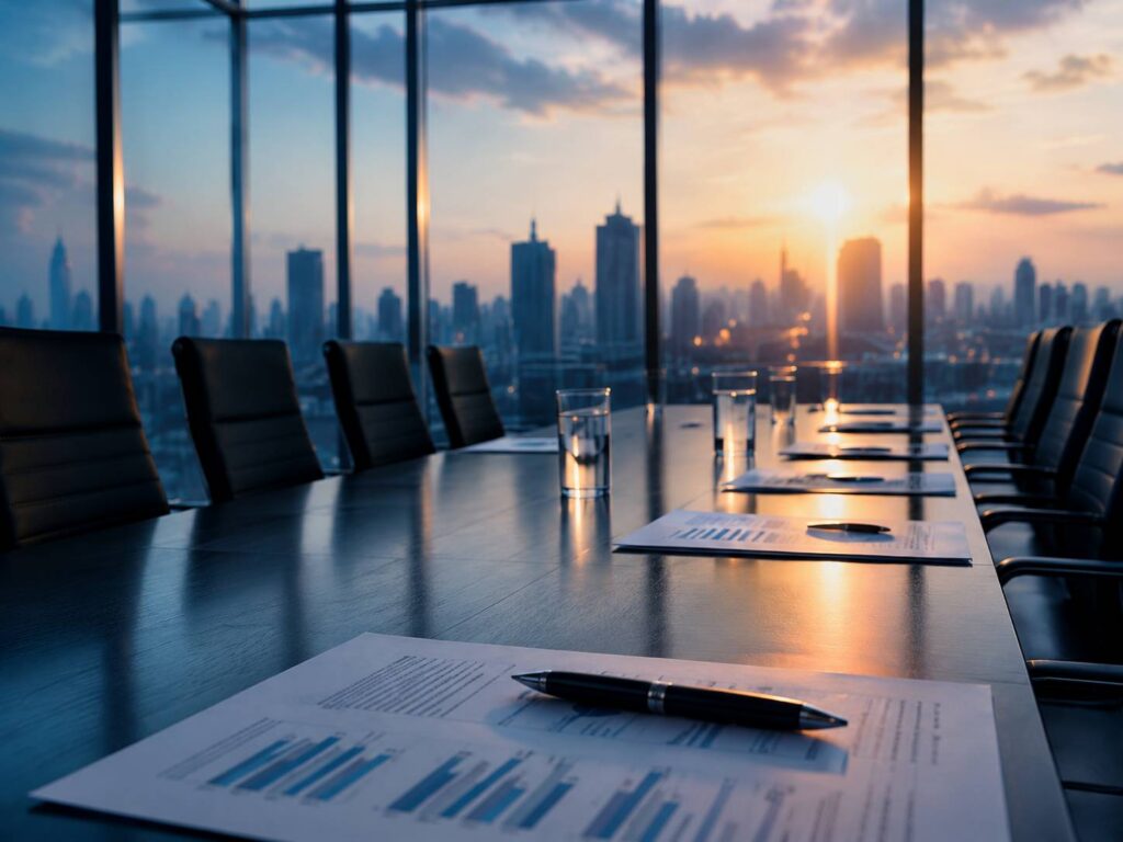 Corporate boardroom prepared for a fundraising and capital raising meeting