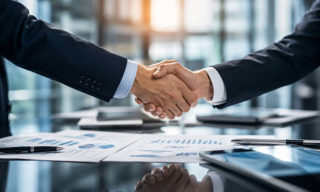 Business professionals shaking hands during a mergers and acquisitions transaction