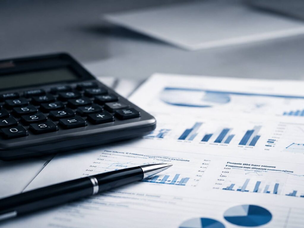 Calculator, pen and financial reports used for refinancing analysis
